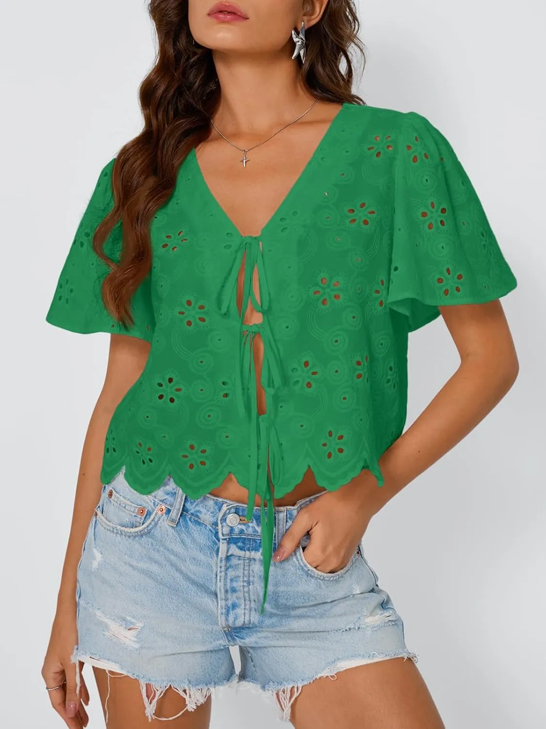 Trendy Queen Womens Tie Front Tops Summer Beach Vacation 2025 Fashion Outfits Short Sleeve Blouses Eyelet Embroidered Clothes