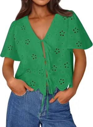 Trendy Queen Womens Tie Front Tops Summer Beach Vacation 2025 Fashion Outfits Short Sleeve Blouses Eyelet Embroidered Clothes