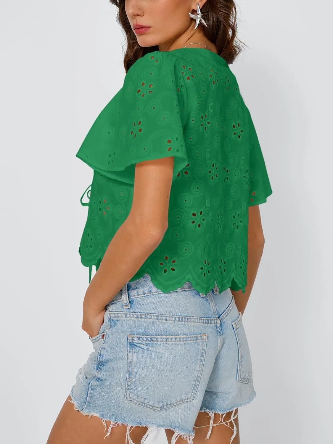 Trendy Queen Womens Tie Front Tops Summer Beach Vacation 2025 Fashion Outfits Short Sleeve Blouses Eyelet Embroidered Clothes