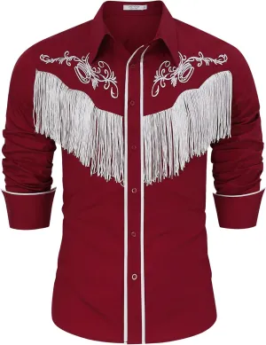 TURETRENDY Men's Western Cowboy Fringe Shirts Long Sleeve Embroidered Slim Fit Casual Button Down Shirts