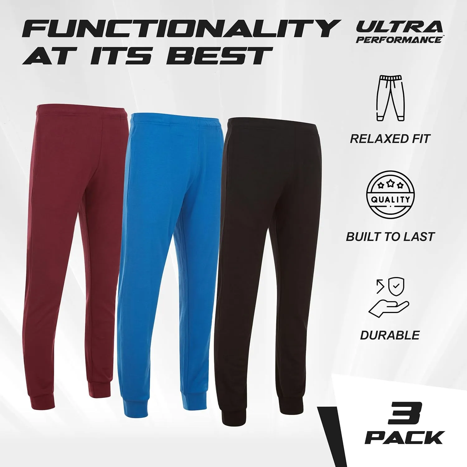 Ultra Performance 3 Pack Mens Lightweight Joggers for Men Casual Lounge Jogger Sweatpants with Pockets (SM - 4X)