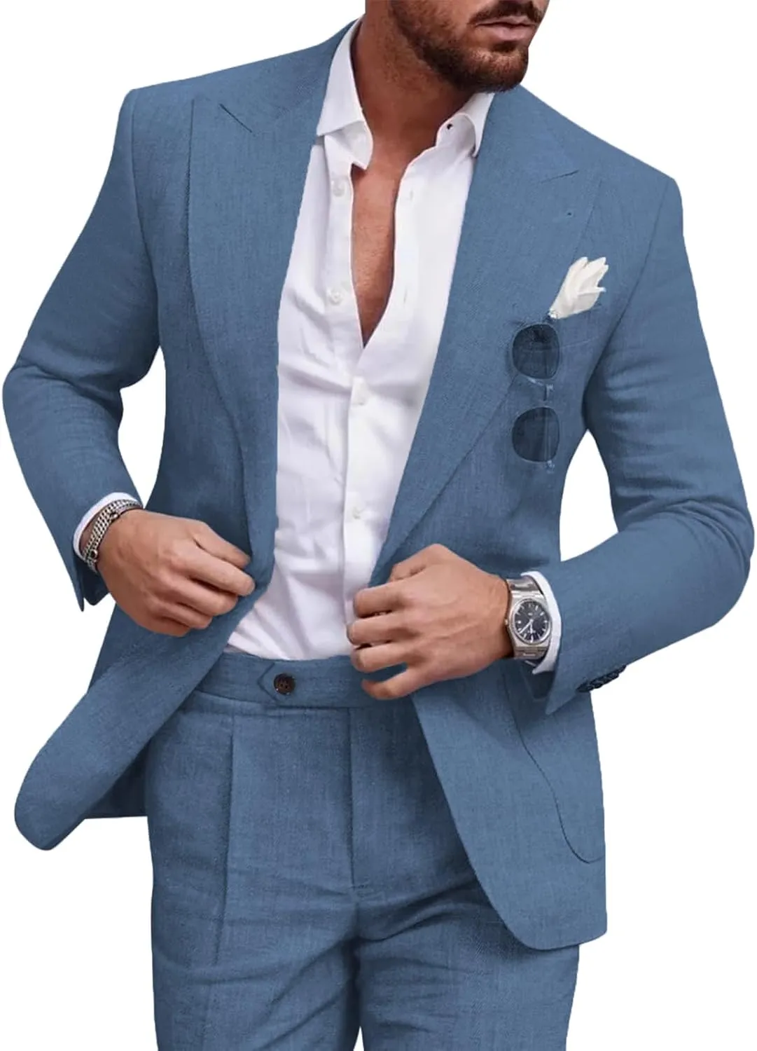 UNINUKOO Linen Suit for Men Summer Wedding 2 Piece Suit Set Peak Lapel Casual Blazer Pants Beach Wear for Men US Size 3XL Light Blue