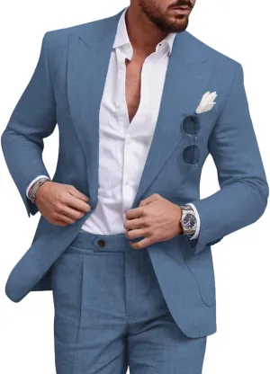 UNINUKOO Linen Suit for Men Summer Wedding 2 Piece Suit Set Peak Lapel Casual Blazer Pants Beach Wear for Men US Size L Light Blue