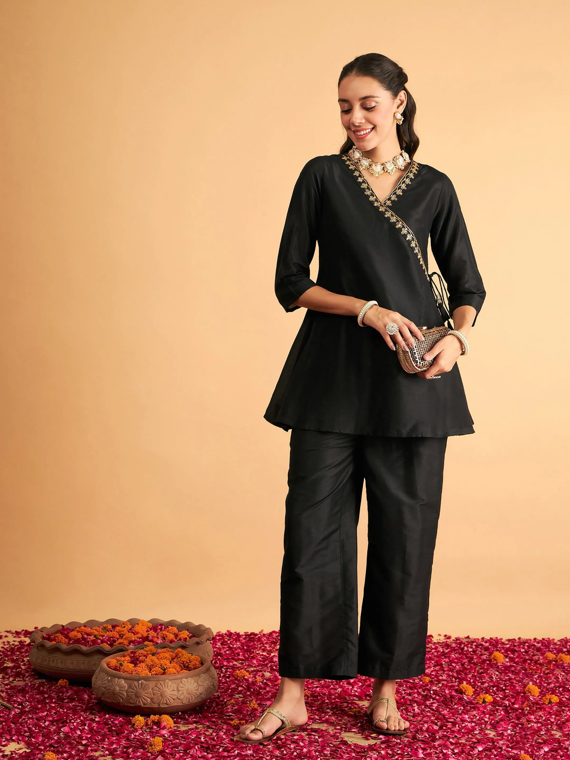 Women Black Embroidered Wrap Top With Pants