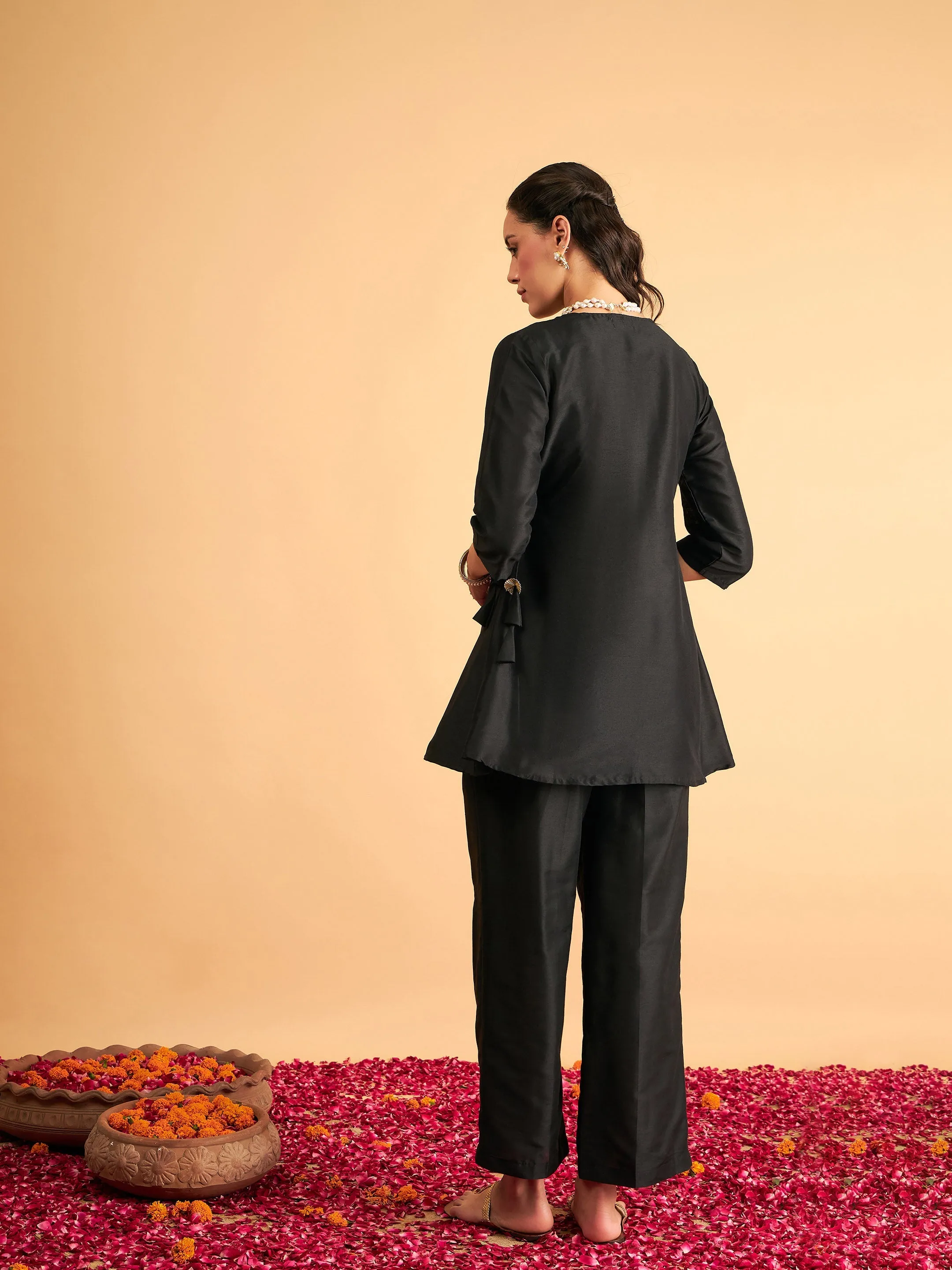 Women Black Embroidered Wrap Top With Pants