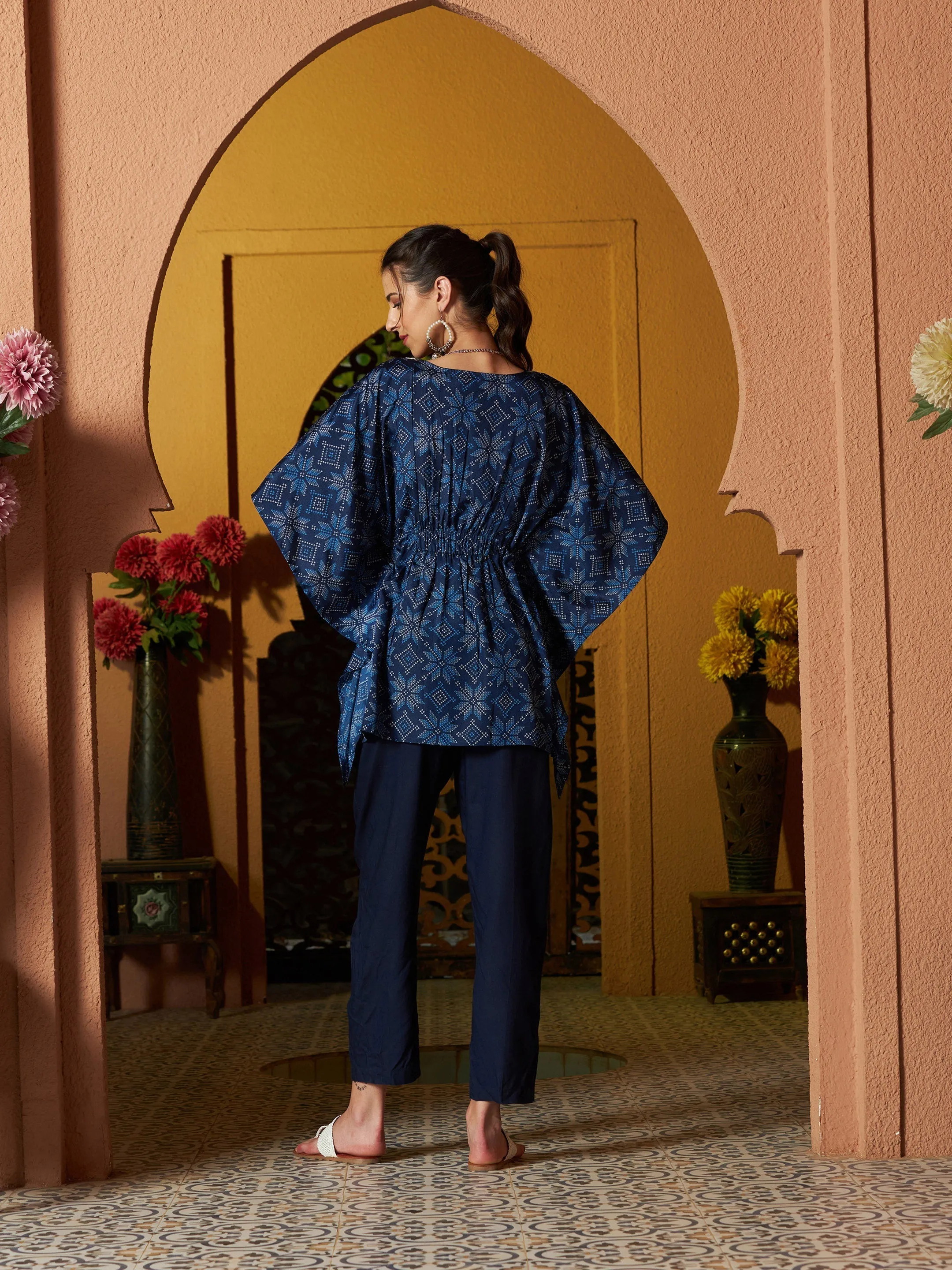 Women Blue Floral Short Kaftan With Pants