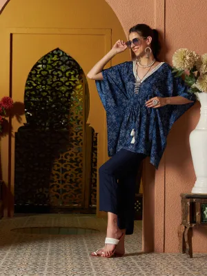 Women Blue Floral Short Kaftan With Pants