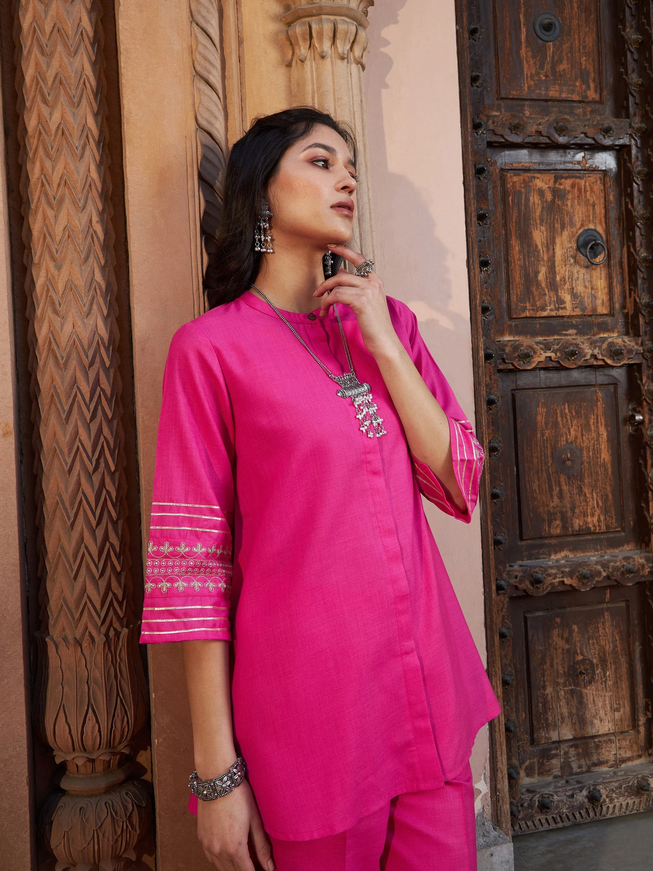 Women Fuchsia Embroidered Sleeve Shirt Kurti With Palazzos