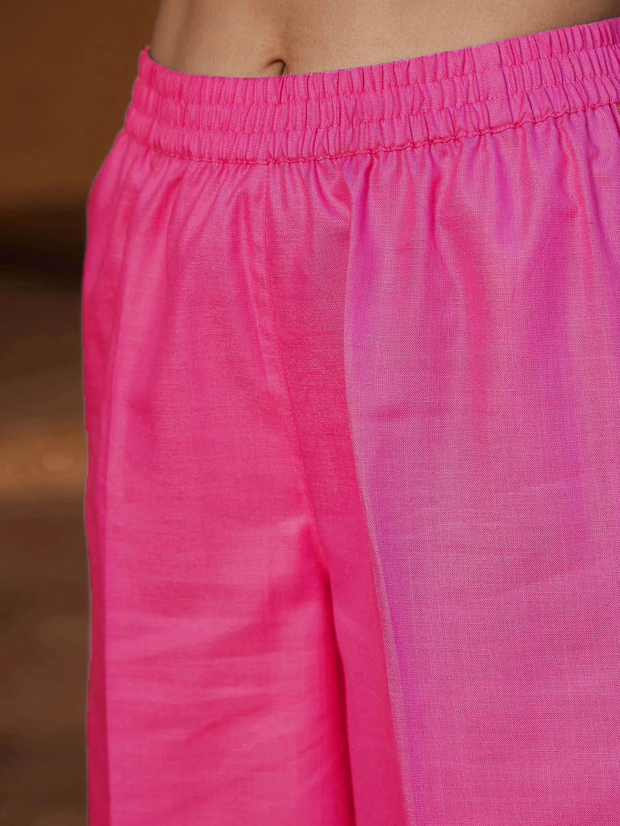 Women Fuchsia Embroidered Sleeve Shirt Kurti With Palazzos