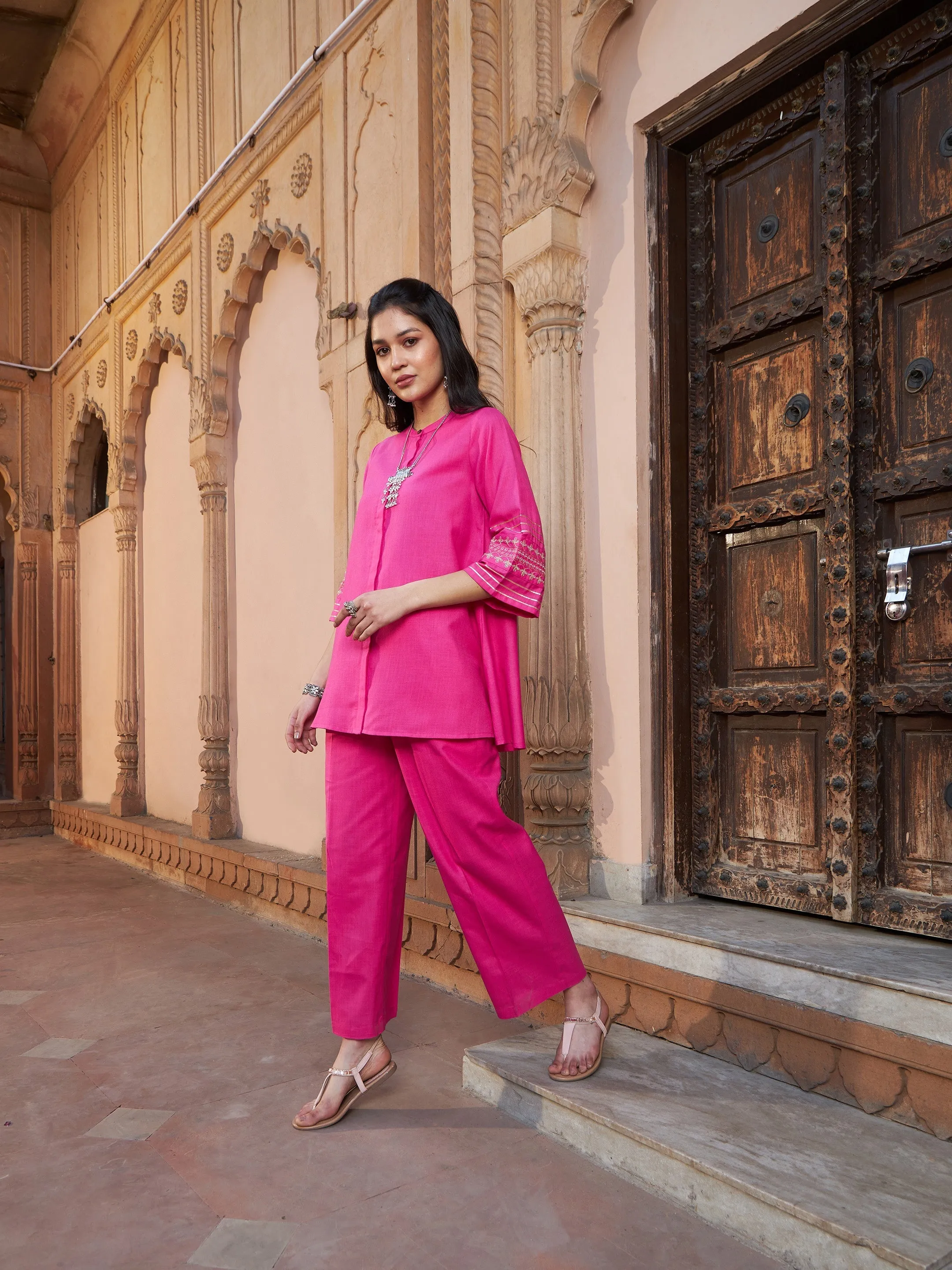 Women Fuchsia Embroidered Sleeve Shirt Kurti With Palazzos