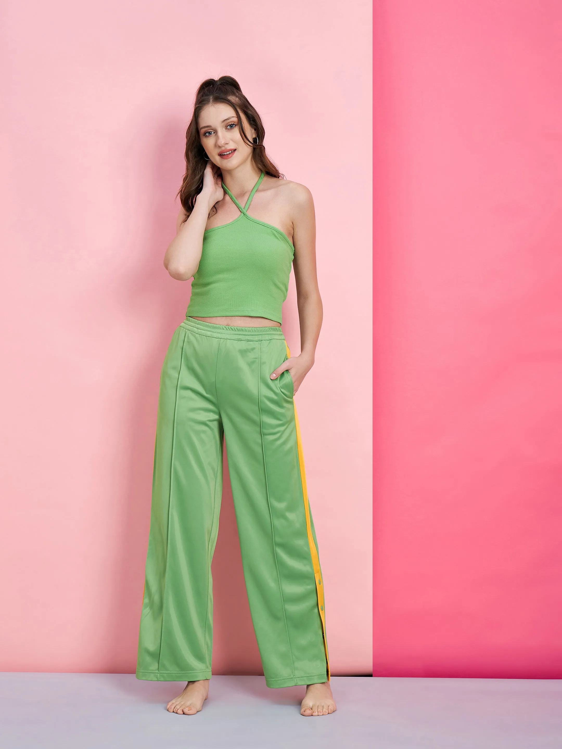 Women Green Halter Rib Crop Top With Side Button Track Pants