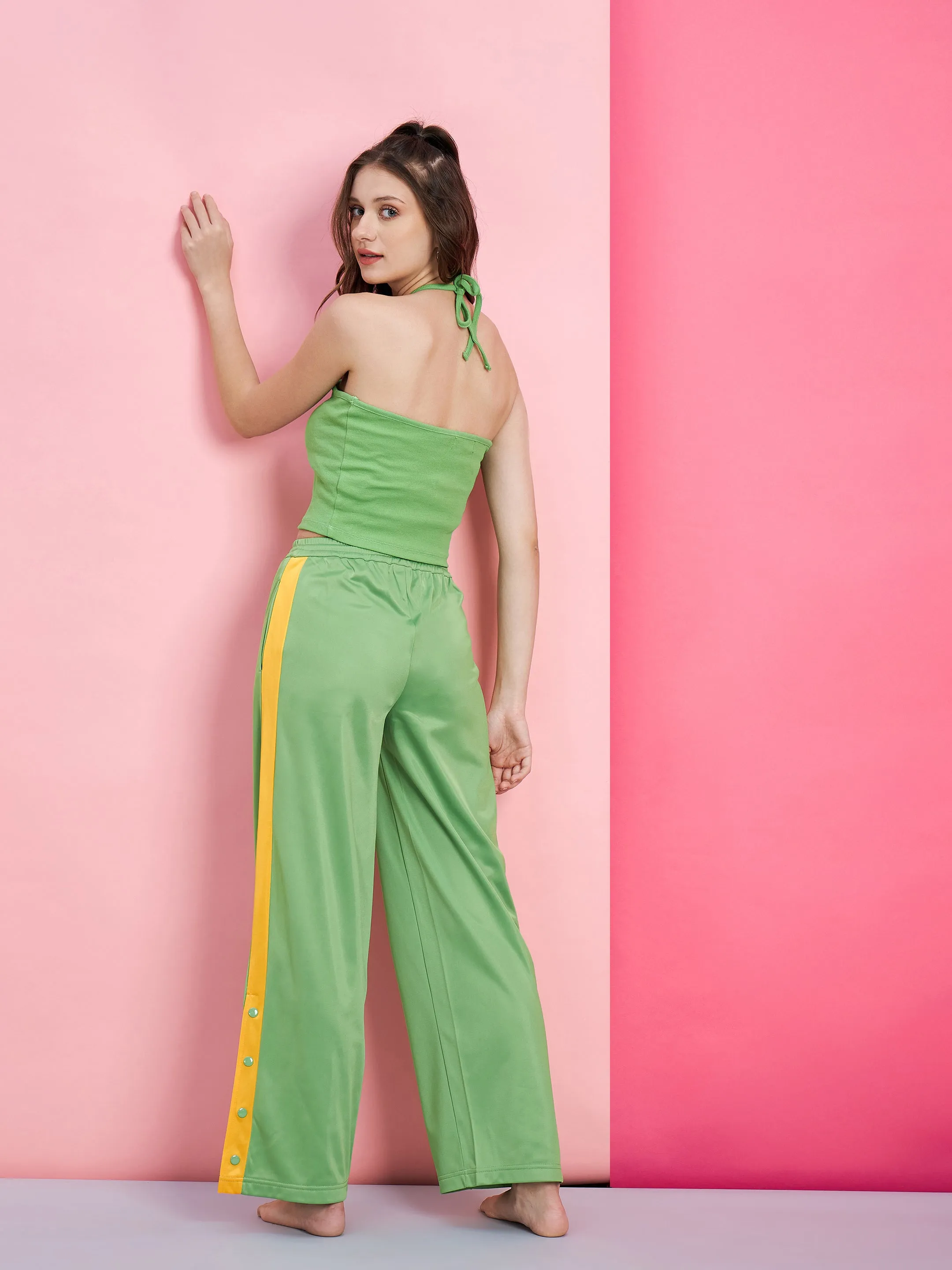 Women Green Halter Rib Crop Top With Side Button Track Pants