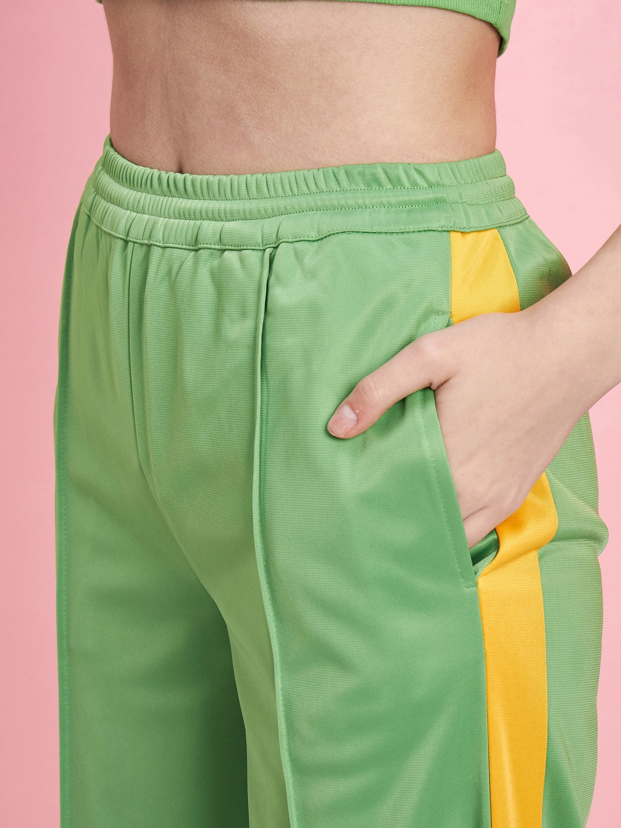Women Green Halter Rib Crop Top With Side Button Track Pants