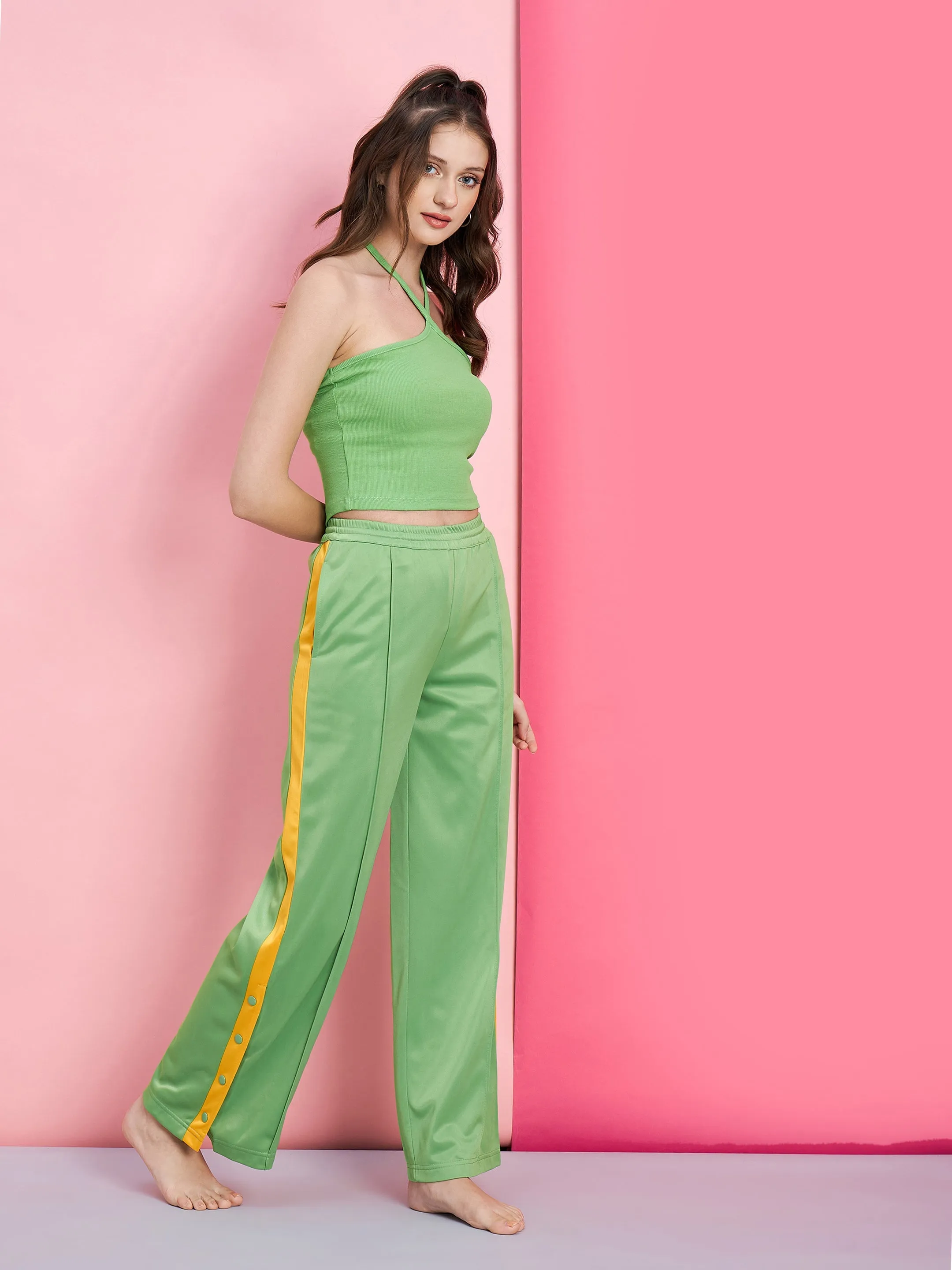 Women Green Halter Rib Crop Top With Side Button Track Pants