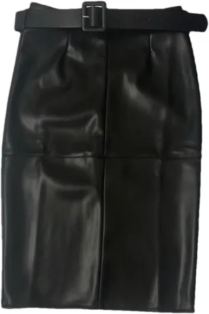 Women PU Leather Wrap Midi Skirts with Belted High Waist Sheath Pencil Back Split Skirts