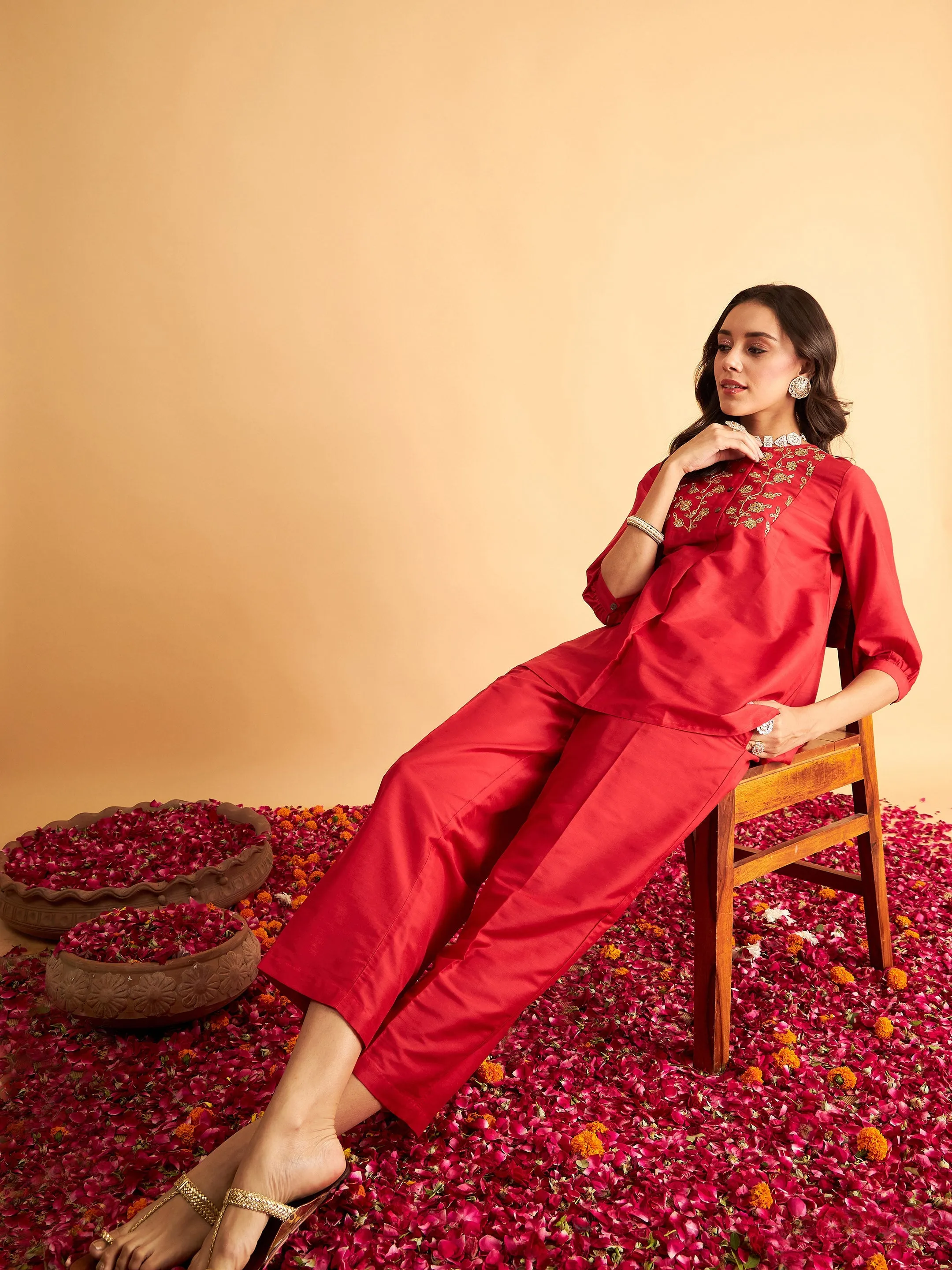 Women Red Embroidered Top With Pants