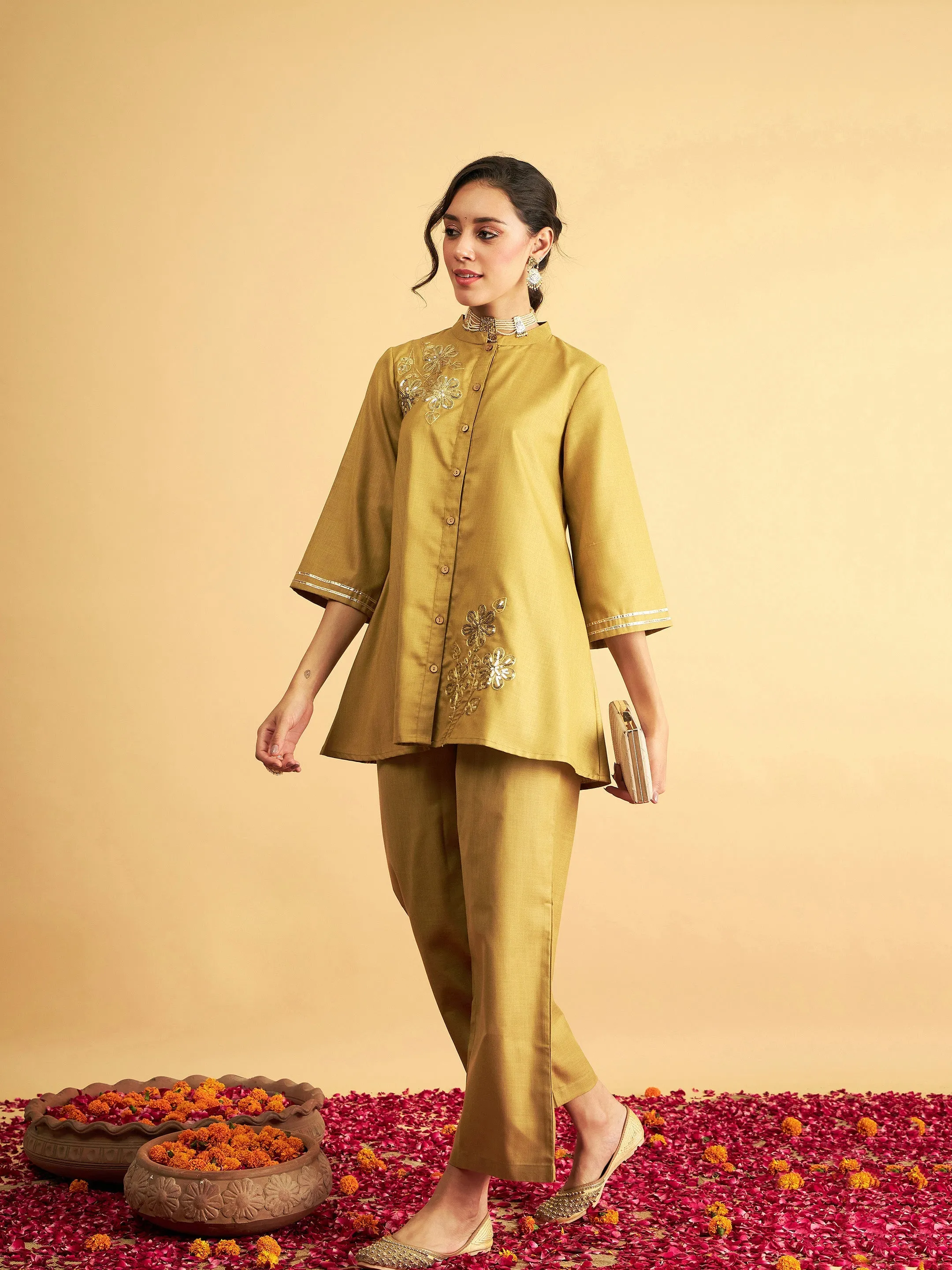 Women Yellow Embroidered Collar Shirt With Pants