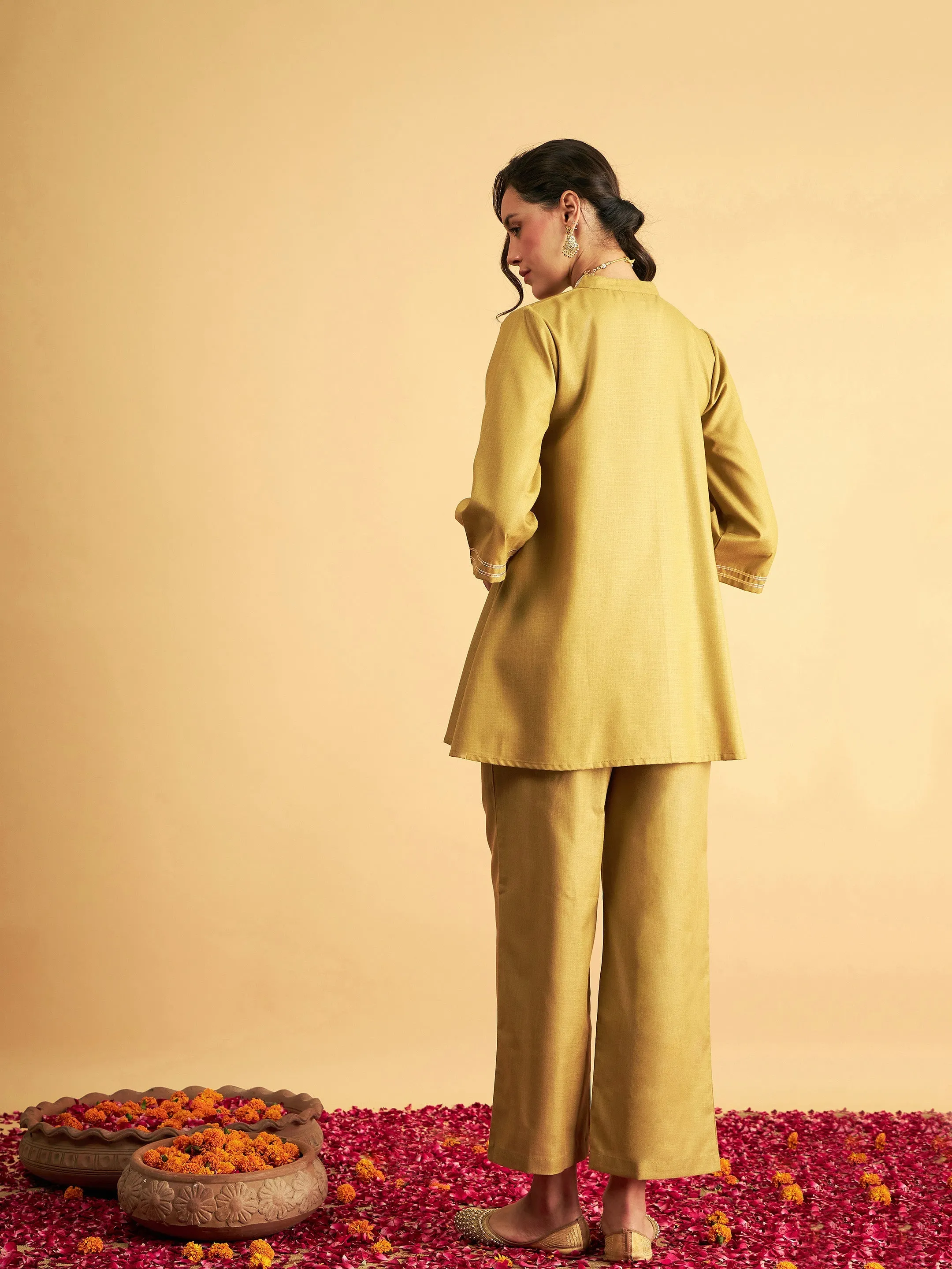 Women Yellow Embroidered Collar Shirt With Pants
