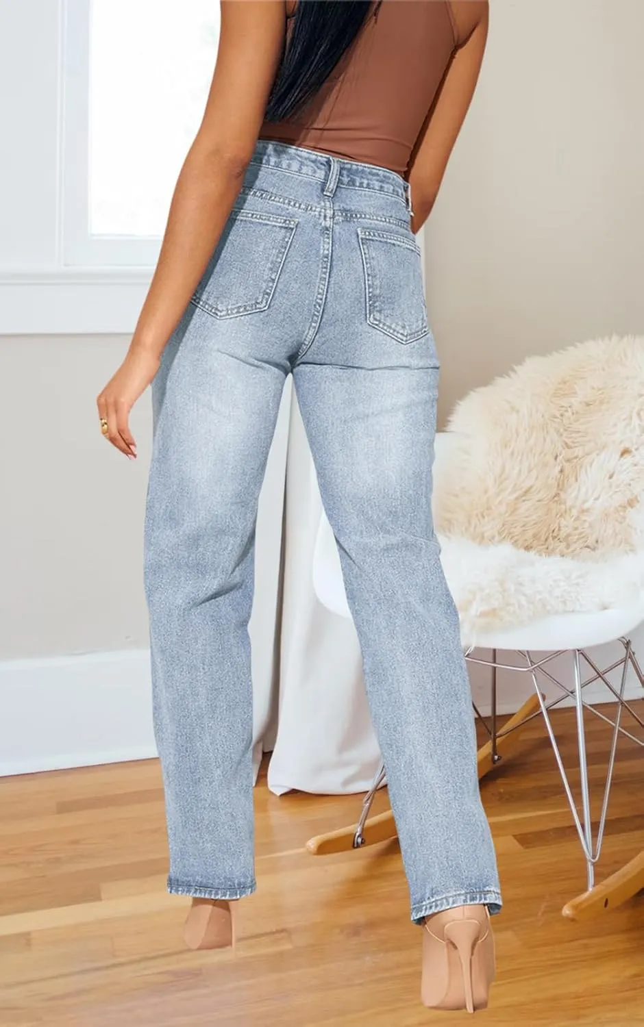 Women's Casual Denim Jeans Skinny Straight Leg High Waist Stretchy Denim Pants