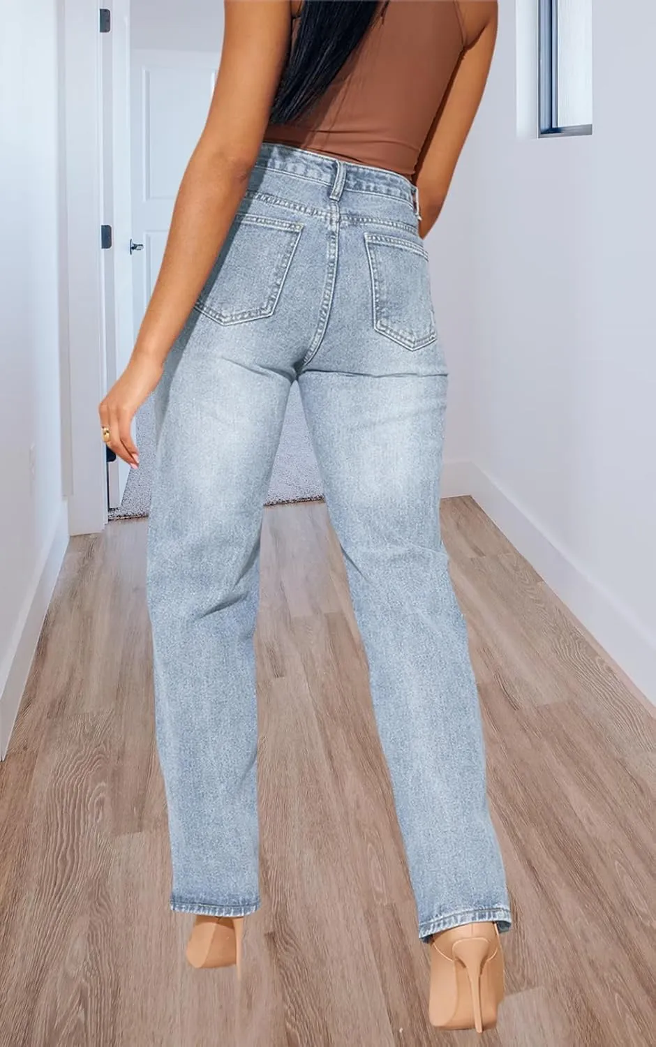 Women's Casual Denim Jeans Skinny Straight Leg High Waist Stretchy Denim Pants