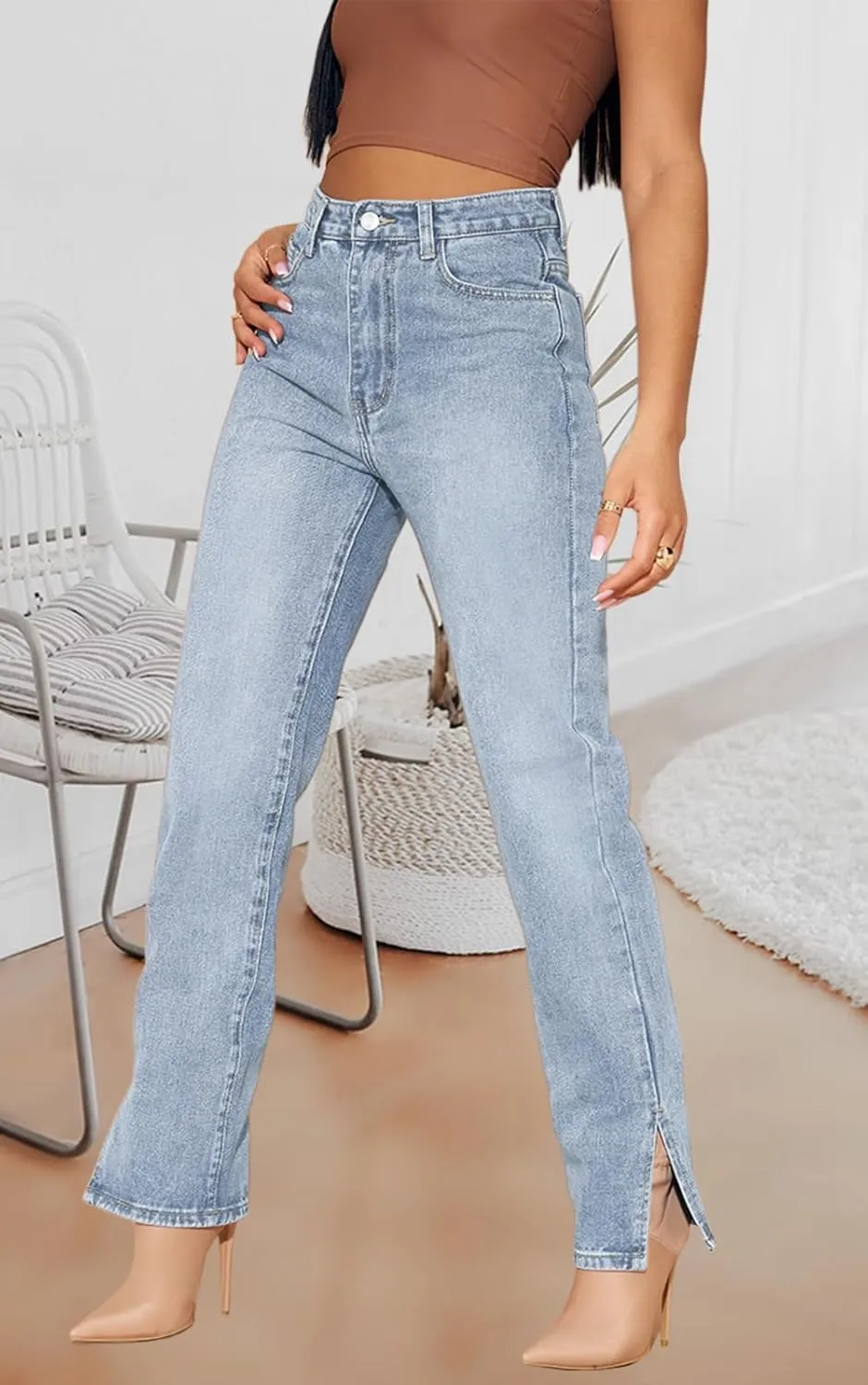 Women's Casual Denim Jeans Skinny Straight Leg High Waist Stretchy Denim Pants