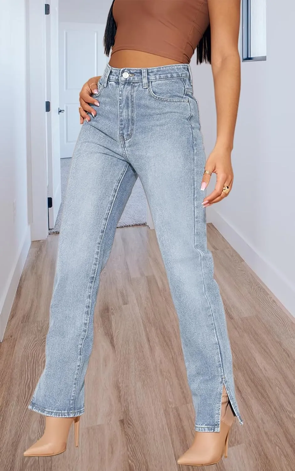 Women's Casual Denim Jeans Skinny Straight Leg High Waist Stretchy Denim Pants