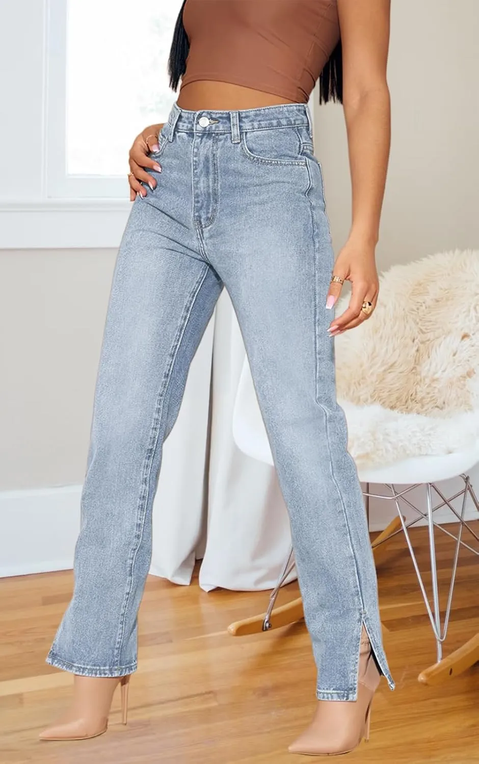 Women's Casual Denim Jeans Skinny Straight Leg High Waist Stretchy Denim Pants