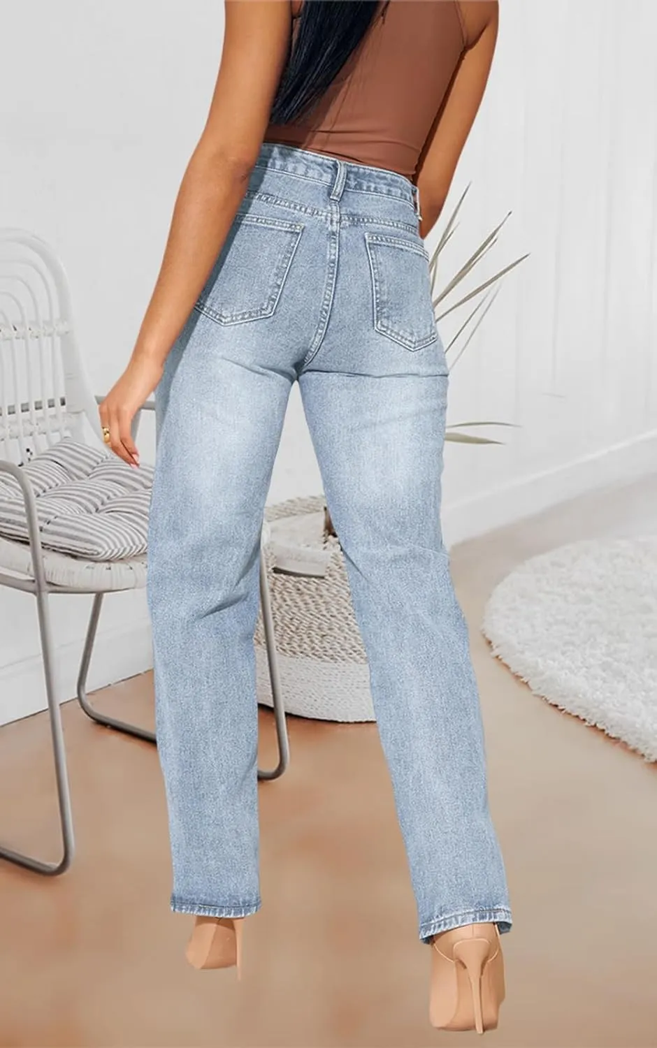 Women's Casual Denim Jeans Skinny Straight Leg High Waist Stretchy Denim Pants