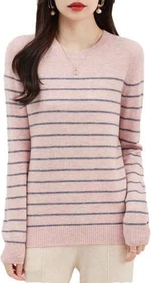 Women's Classic Merino Wool Crewneck Sweater Winter Warm Knit Top Long Sleeve Striped Casual Knit Pullover