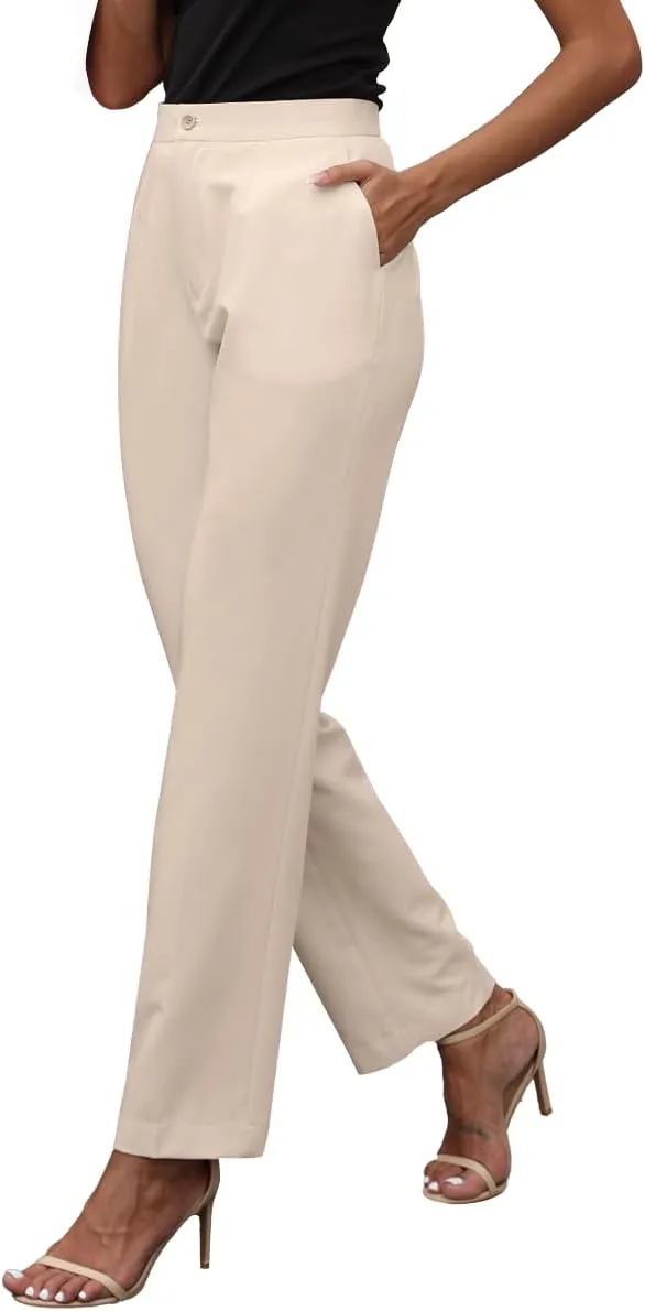 Womens Dress Pants High Stretch Straight Leg Black Pants for Work Business Casual with Pockets
