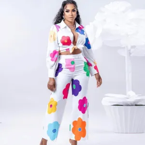 Women's Fashion Casual Digital Printed Flowers Blouse And Pants