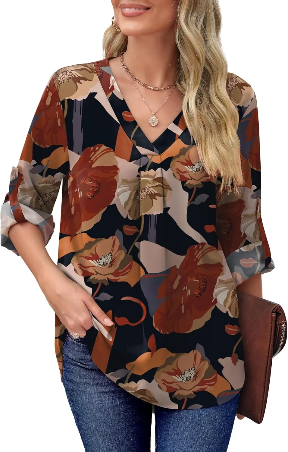 XIEERDUO 3/4 Sleeve Blouses for Women Business Casual V Neck Chiffon Shirts Tops